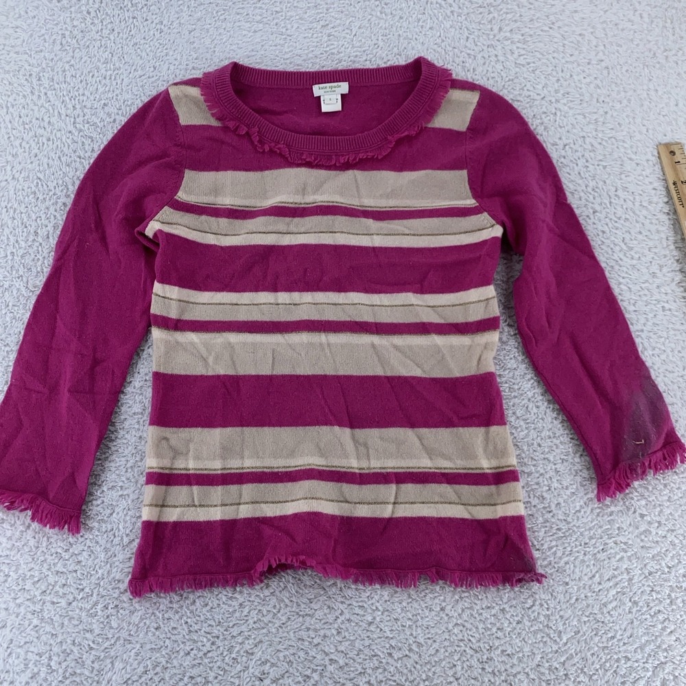 Kate Spade Ruffle‎ Trim Sweater Womens Small 100% Cashmere Pink Striped